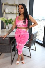 Plus Size Tie Dye Print Sleeveless Midi Skirt 2 Piece Sets WSM-5147