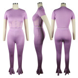 Solid Mesh Patchwork Flared Pants 2 Piece Sets TE-4026