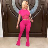 Solid Mesh Patchwork Flared Pants 2 Piece Sets TE-4026