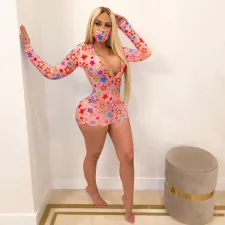 Star Print Deep V Neck Long Sleeve Rompers With Mask QZX-6129