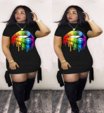 Plus Size 5XL Black Lips Print Short Sleeve Mini Dress LM-8152