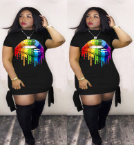 Plus Size 5XL Black Lips Print Short Sleeve Mini Dress LM-8152