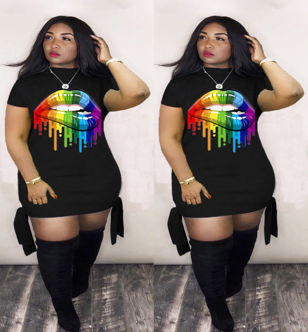 Plus Size 5XL Black Lips Print Short Sleeve Mini Dress LM-8152