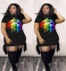 Plus Size 5XL Black Lips Print Short Sleeve Mini Dress LM-8152
