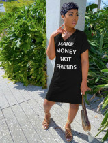 Letter Print V Neck Short Sleeve T Shirt Dress QZX-6127