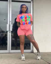 Plus Size Colorful Letter Print Two Piece Shorts Set QZX-6125
