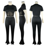 Solid Mesh Patchwork Flared Pants 2 Piece Sets TE-4026