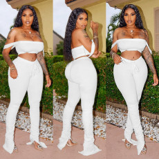 Solid Crop Top Split Stacked Pants Sexy 2 Piece Sets YIM-8095