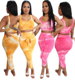 Plus Size Tie Dye Print Sleeveless Midi Skirt 2 Piece Sets WSM-5147