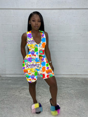 Cartoon Print Sleeveless Zipper Skinny Rompers WY-6671-1
