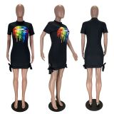 Plus Size 5XL Black Lips Print Short Sleeve Mini Dress LM-8152