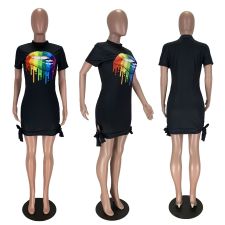 Plus Size 5XL Black Lips Print Short Sleeve Mini Dress LM-8152