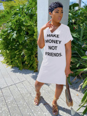 Letter Print V Neck Short Sleeve T Shirt Dress QZX-6127