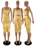 Plus Size Tie Dye Print Sleeveless Midi Skirt 2 Piece Sets WSM-5147