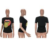 Tongue Print Casual Short Sleeve O Neck T Shirt LM-8151