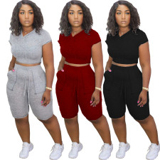 Solid Hooded Short Sleeve Two Piece Suits LDS-3223