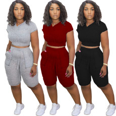 Solid Hooded Short Sleeve Two Piece Suits LDS-3223