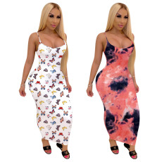 Butterfly Print Sleeveless Long Slip Dress TE-4025