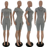 Solid Hooded Short Sleeve Two Piece Suits LDS-3223
