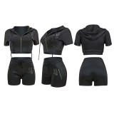 Solid Hot Drilling Zipper Hooded Two Piece Sets YD-8189