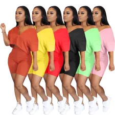 Plus Size Solid Casual Two Piece Shorts Set QY-5182