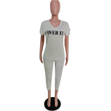 Letter Print V Neck T Shirt Ankle Lengtjh Pants Sets MEM-8280