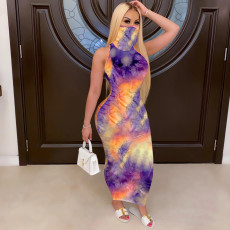 Tie Dye Sleeveless Mask One Piece Long Dress TE-4033