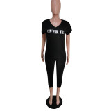 Letter Print V Neck T Shirt Ankle Lengtjh Pants Sets MEM-8280