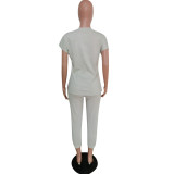 Letter Print V Neck T Shirt Ankle Lengtjh Pants Sets MEM-8280