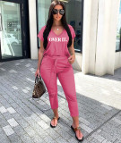 Letter Print V Neck T Shirt Ankle Lengtjh Pants Sets MEM-8280