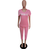 Letter Print V Neck T Shirt Ankle Lengtjh Pants Sets MEM-8280