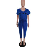 Letter Print V Neck T Shirt Ankle Lengtjh Pants Sets MEM-8280