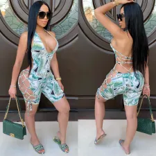 Plus Size Dollar Print Halter Hollow Lace Up Rompers SHD-9259