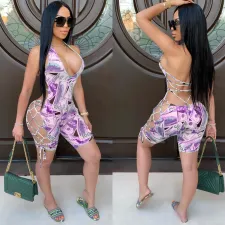 Plus Size Dollar Print Halter Hollow Lace Up Rompers SHD-9259
