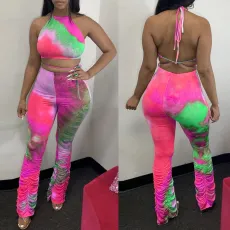 Plus Size Sexy Halter Crop Top Stacked Pants Suits AL-186