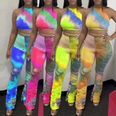 Plus Size Sexy Halter Crop Top Stacked Pants Suits AL-186