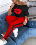 Plus Size Casual Lip Print T Shirt Long Pants Two Piece Set AIL-099