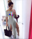 Lips Print Slash Neck High Split Long Dress MIL-118