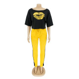 Plus Size Casual Lip Print T Shirt Long Pants Two Piece Set AIL-099