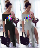 Lips Print Slash Neck High Split Long Dress MIL-118