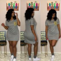 Casual Leopard Pocket O Neck Mini Dress LUO-3071