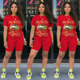 Plus Size 4XL Lips Letter Print Two Piece Shorts Set FSL-090