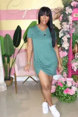 Plus Size Solid V Neck Ruched Irregular Mini Dress QY-5185