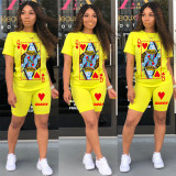 Plus Size Poker Print Two Piece Shorts Set SHD-9270