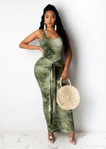 Tie Dye Print Sleeveless Sashes Slim Maxi Dress SFY-131