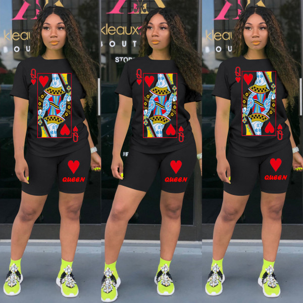 Plus Size Poker Print Two Piece Shorts Set SHD-9270