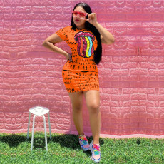 Plus Size Sexy Letter Print Lip Mini Dress OY-6190
