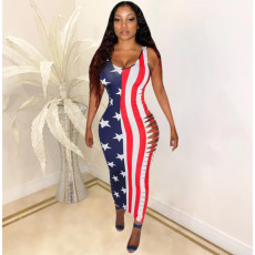 Plus Size America Flag Print Hollow Maxi Dress SHD-9265