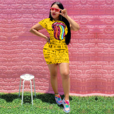 Plus Size Sexy Letter Print Lip Mini Dress OY-6190