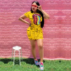 Plus Size Sexy Letter Print Lip Mini Dress OY-6190